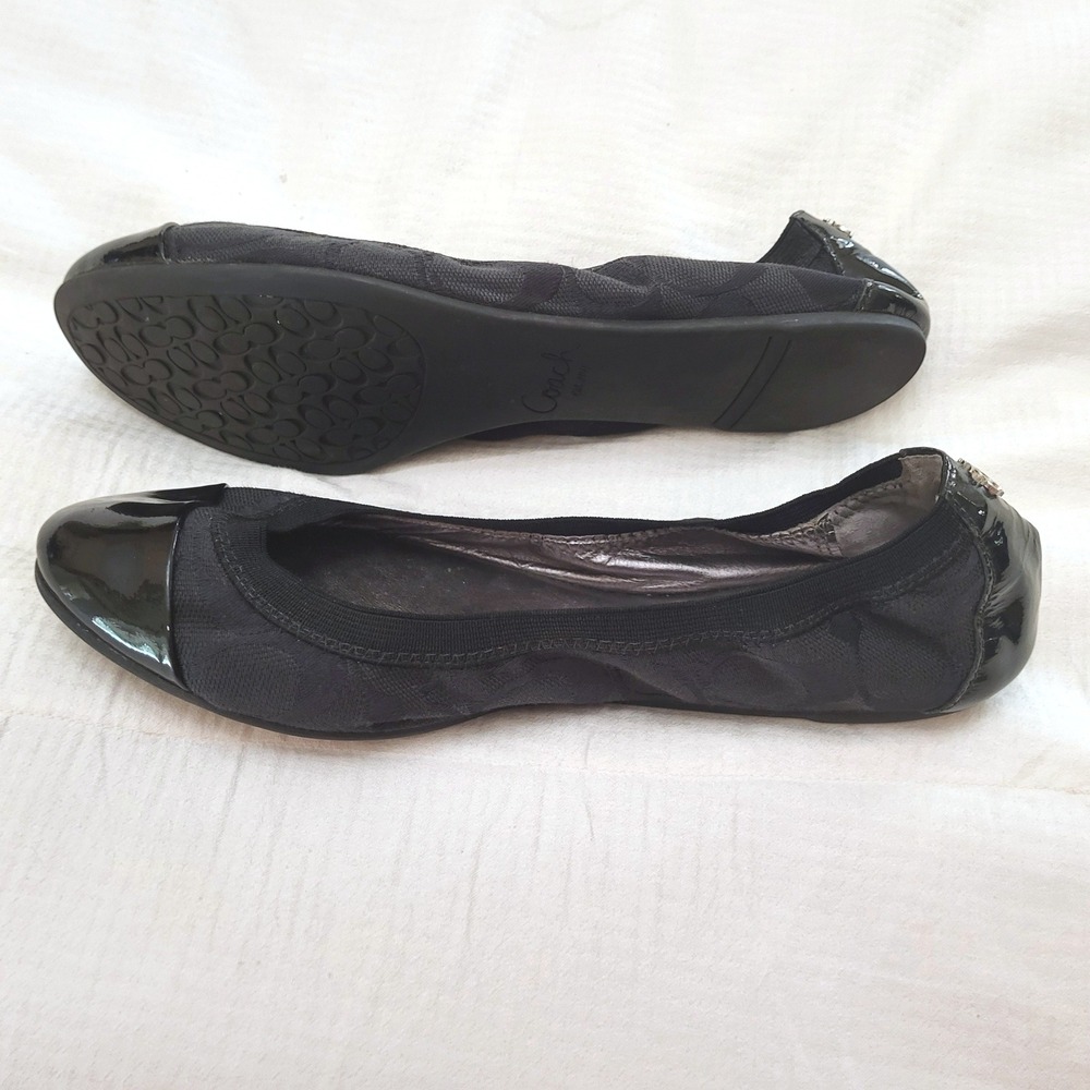 Coach Wanda Black Patent Leather Cap Toe Logo Fabric Ballet Flats 7 - Picture 4 of 11
